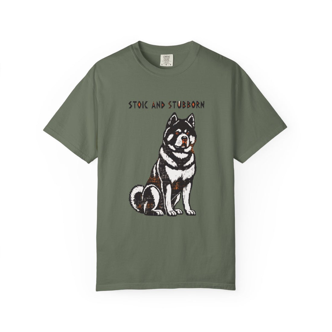 Moss — Front | Akita 'Stoic And Stubborn' Garment-Dyed Tee