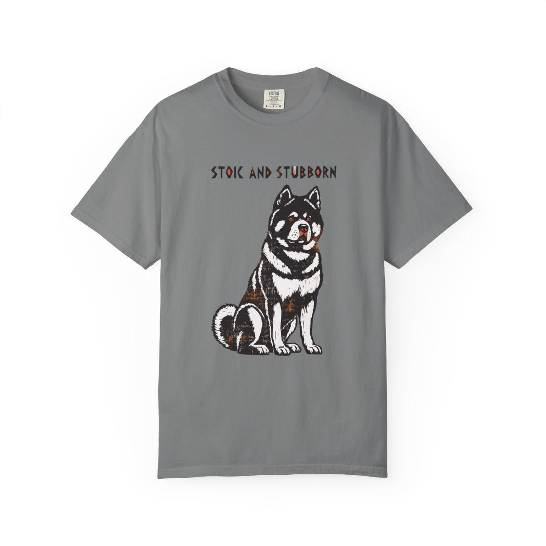 Grey — Front | Akita 'Stoic And Stubborn' Garment-Dyed Tee