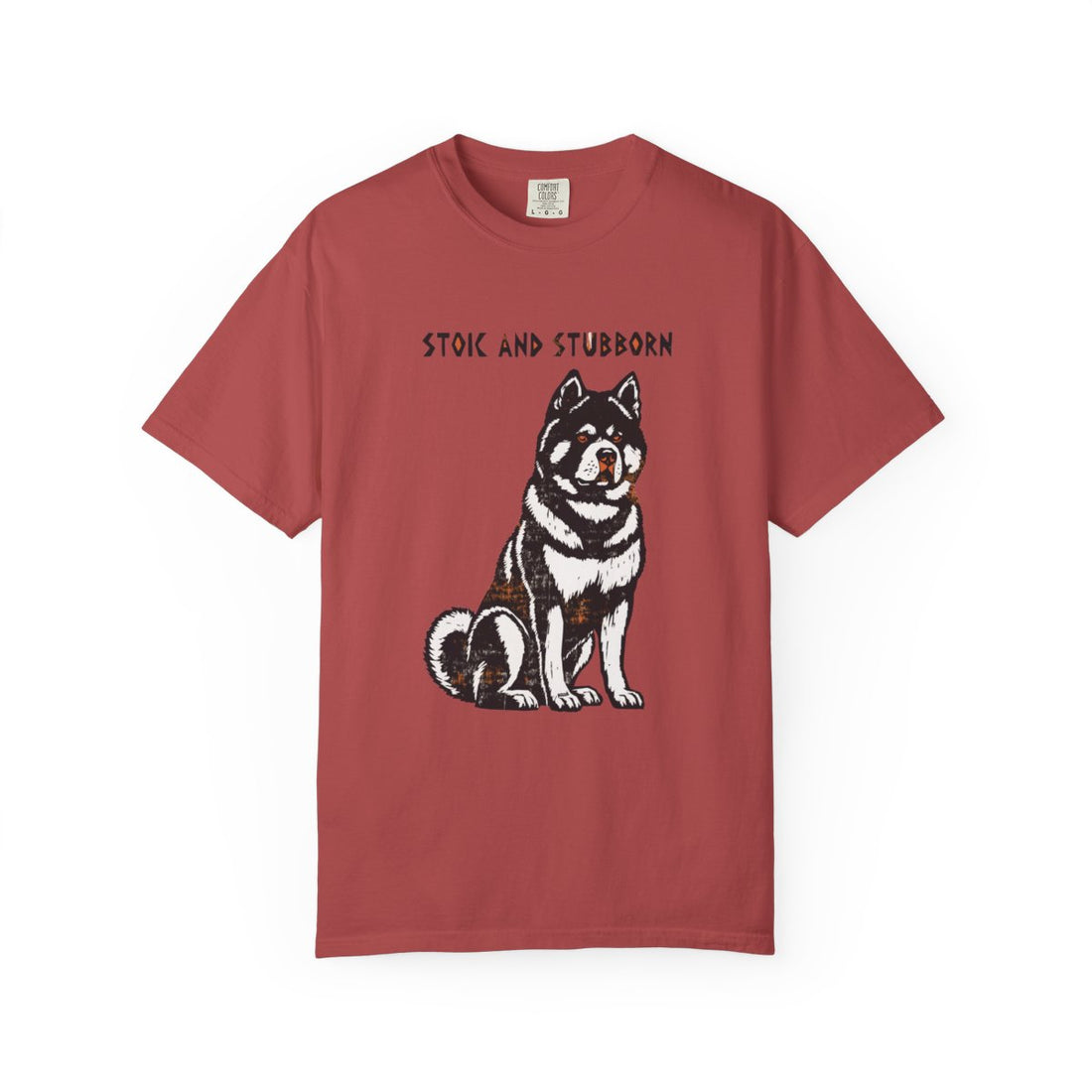 Crimson — Front | Akita 'Stoic And Stubborn' Garment-Dyed Tee
