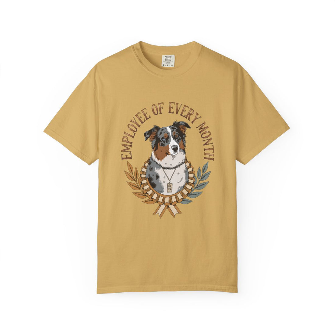 Mustard — Front | Australian Shepherd 'Employee Of Every Month' Garment-Dyed Tee