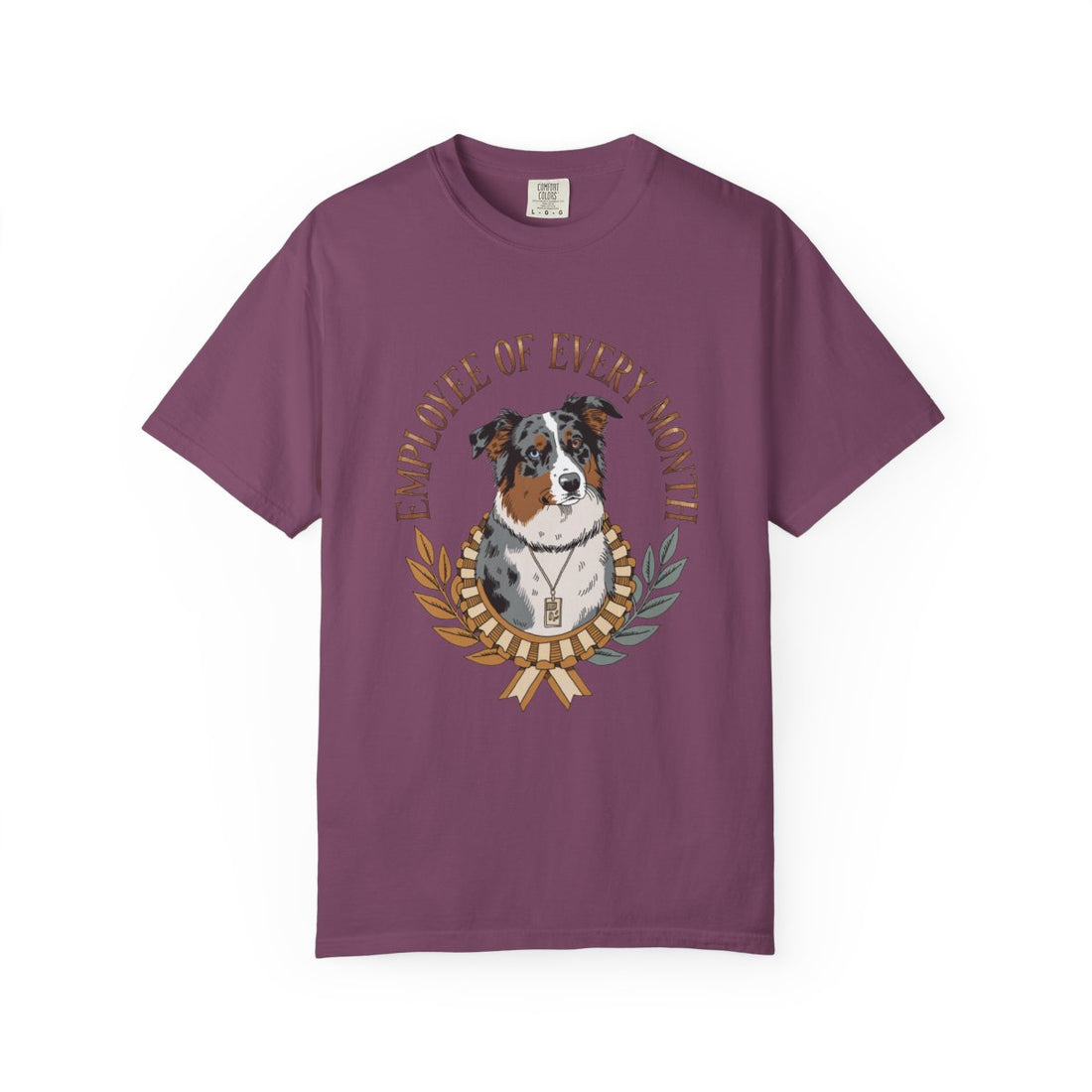 Berry — Front | Australian Shepherd 'Employee Of Every Month' Garment-Dyed Tee