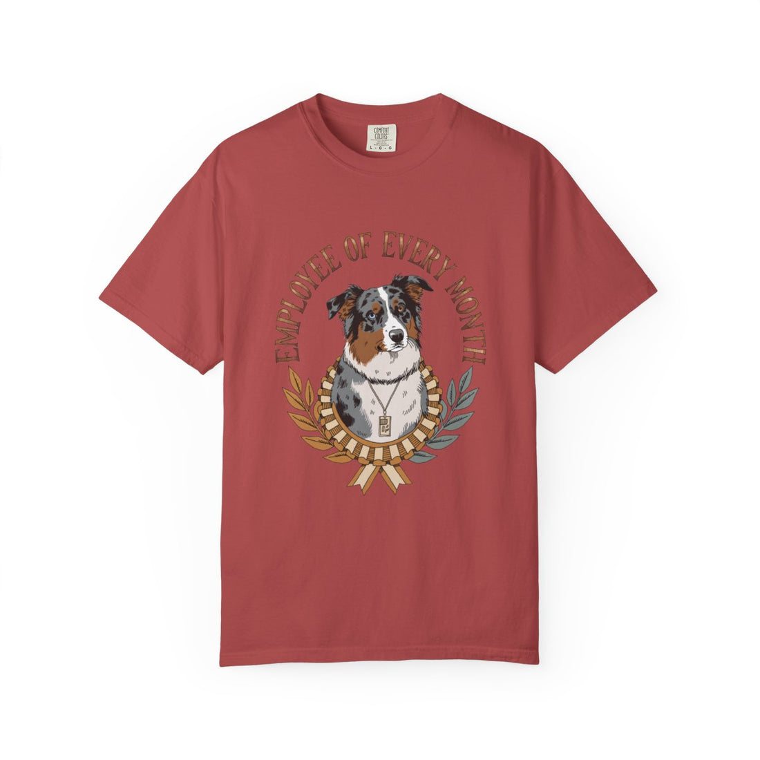 Crimson — Front | Australian Shepherd 'Employee Of Every Month' Garment-Dyed Tee