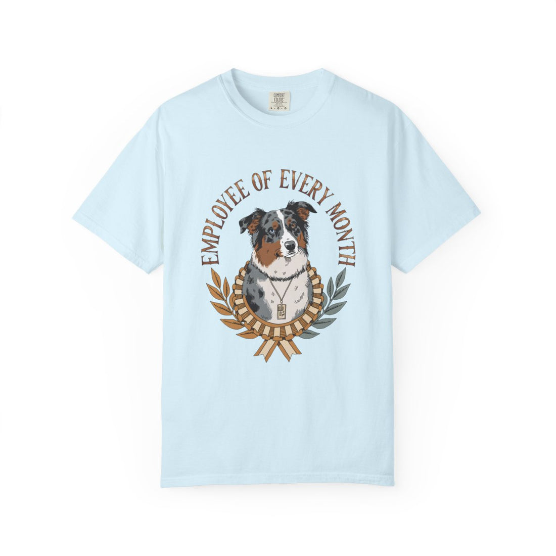 Chambray — Front | Australian Shepherd 'Employee Of Every Month' Garment-Dyed Tee
