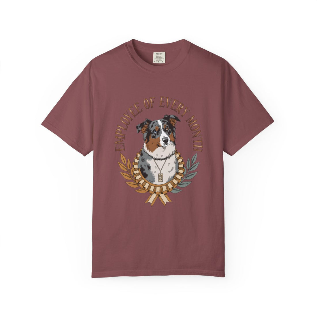 Brick — Front | Australian Shepherd 'Employee Of Every Month' Garment-Dyed Tee