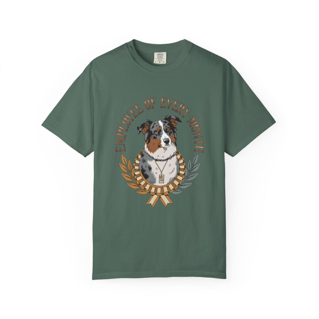 Blue Spruce — Front | Australian Shepherd 'Employee Of Every Month' Garment-Dyed Tee