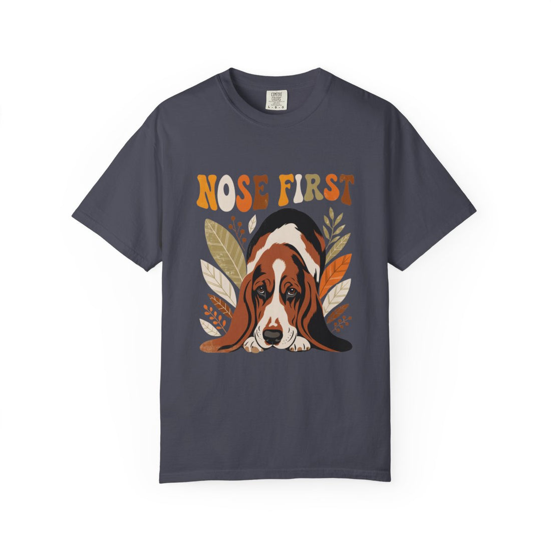 Navy — Front | Basset Hound 'Nose First' Garment-Dyed Tee