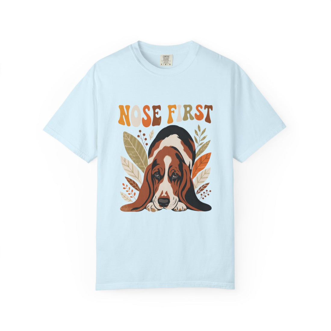 Chambray — Front | Basset Hound 'Nose First' Garment-Dyed Tee