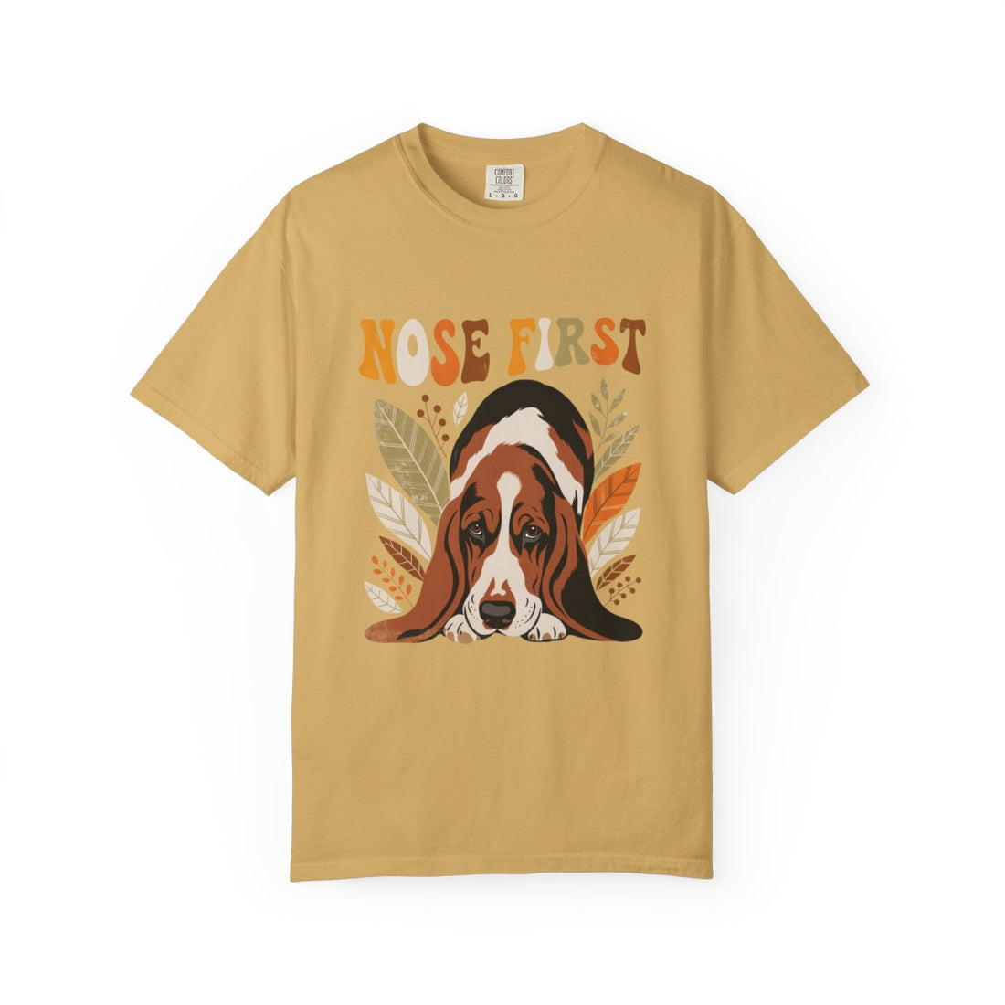 Mustard — Front | Basset Hound 'Nose First' Garment-Dyed Tee