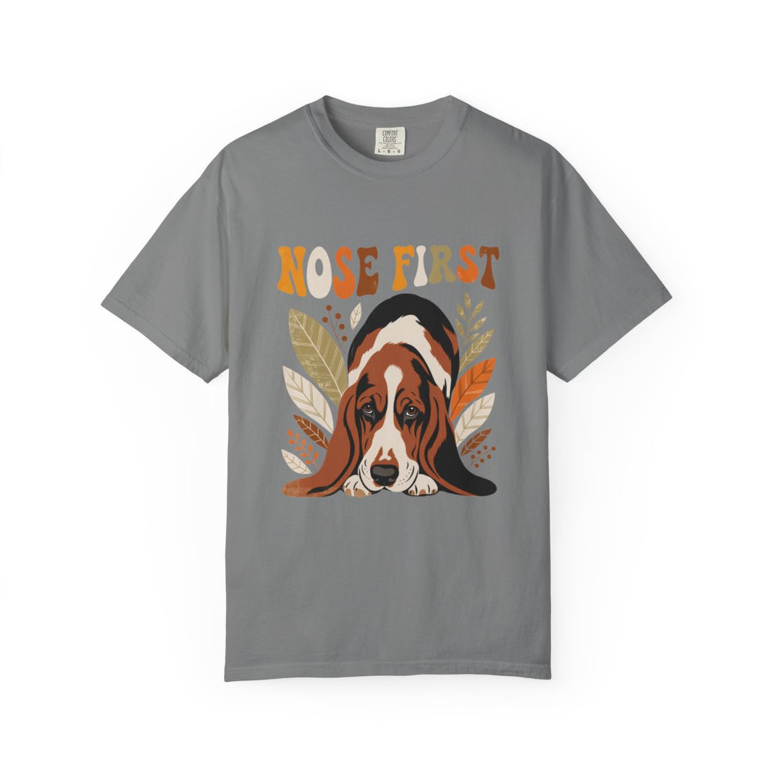 Grey — Front | Basset Hound 'Nose First' Garment-Dyed Tee