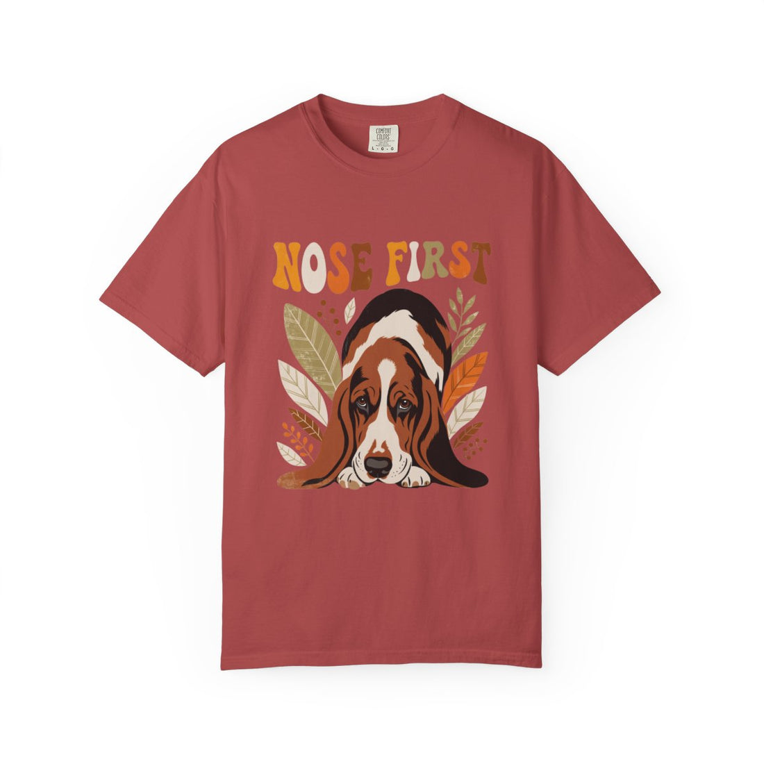Crimson — Front | Basset Hound 'Nose First' Garment-Dyed Tee