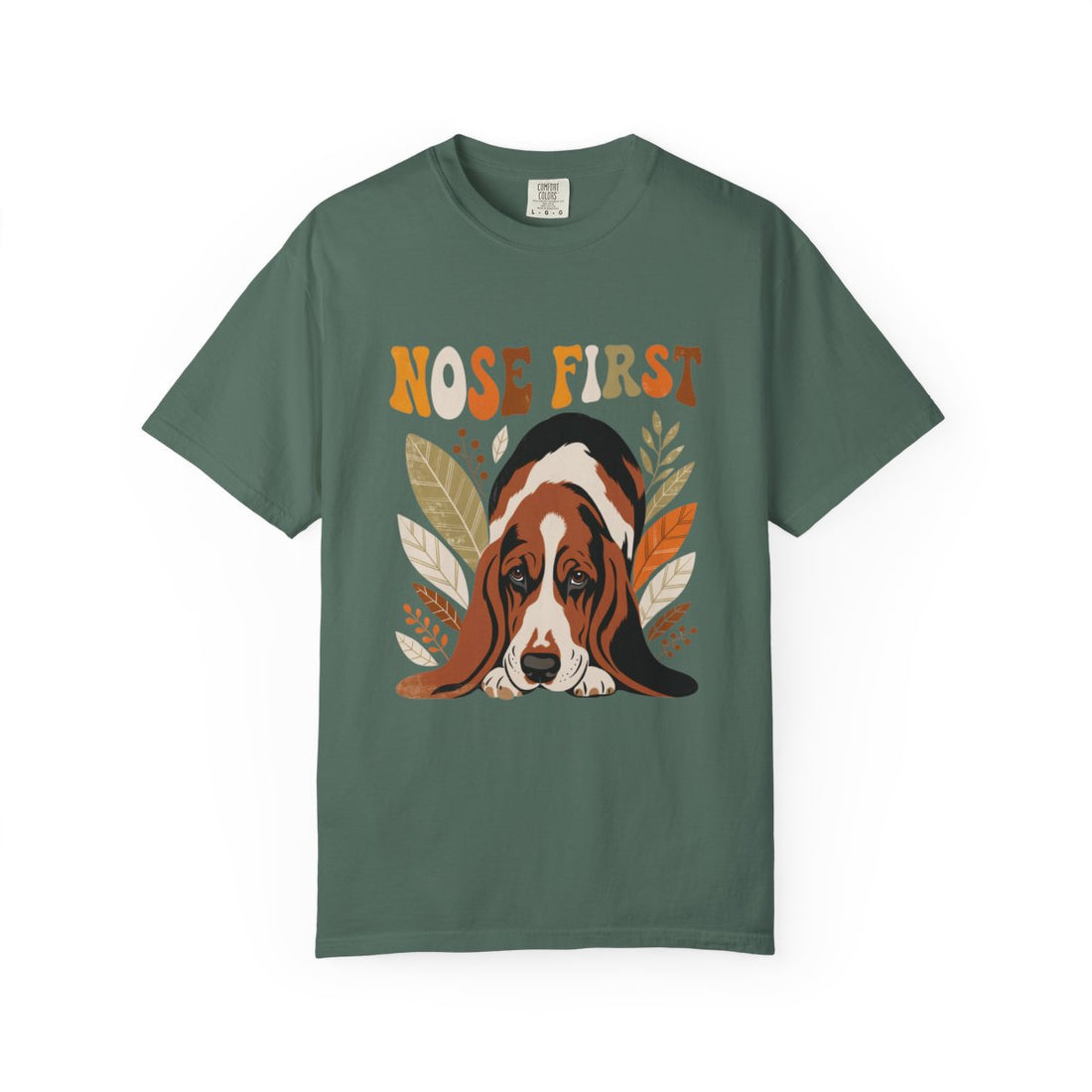 Blue Spruce — Front | Basset Hound 'Nose First' Garment-Dyed Tee