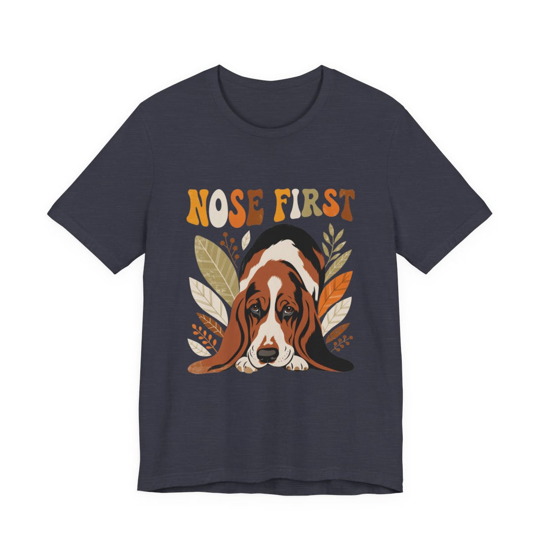 Heather Midnight Navy — Front | Basset Hound 'Nose First' Tee