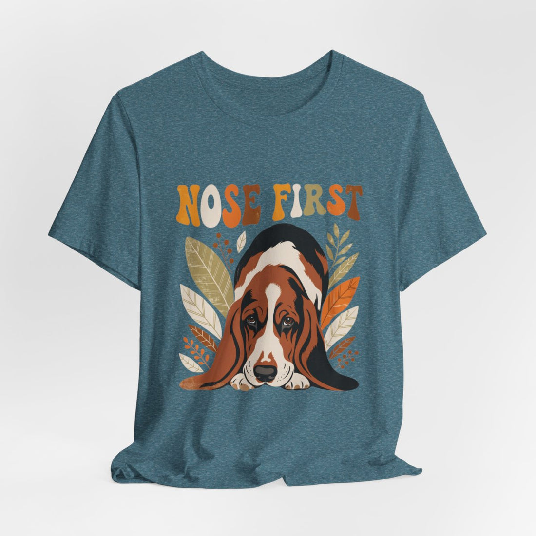 Heather Deep Teal — Hanging | Basset Hound 'Nose First' Tee