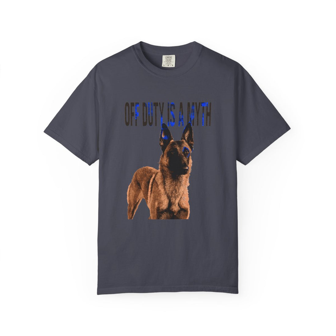 Navy — Front | Belgian Malinois 'Off Duty Is A Myth' Garment-Dyed Tee