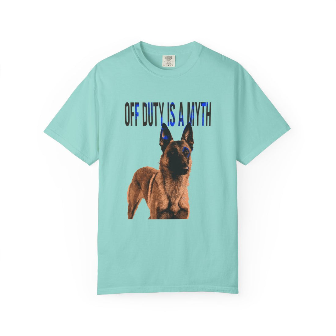 Chalky Mint — Front | Belgian Malinois 'Off Duty Is A Myth' Garment-Dyed Tee