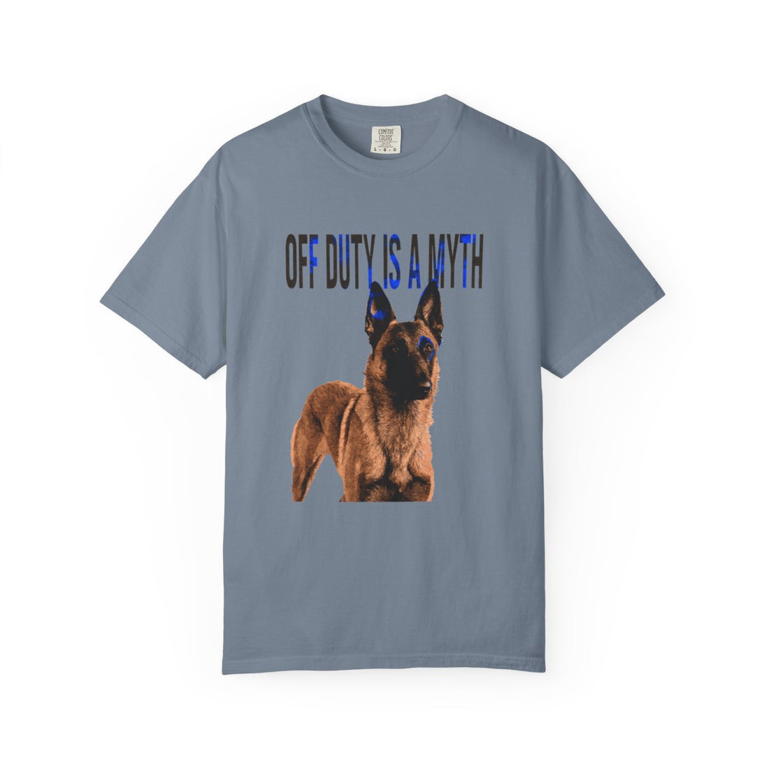 Blue Jean — Front | Belgian Malinois 'Off Duty Is A Myth' Garment-Dyed Tee