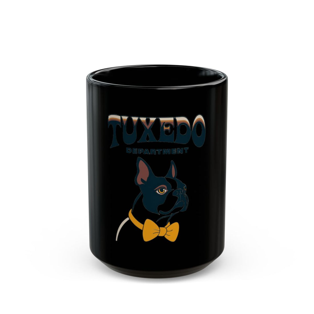 15oz — Front | Boston Terrier Tuxedo Department Black Mug