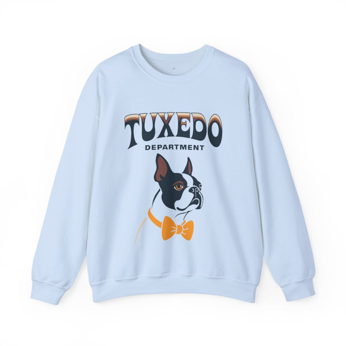 Light Blue — Front | Boston Terrier Tuxedo Department Crewneck