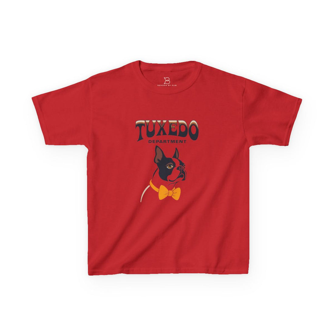 Red — Front | Boston Terrier Tuxedo Department Kids Tee