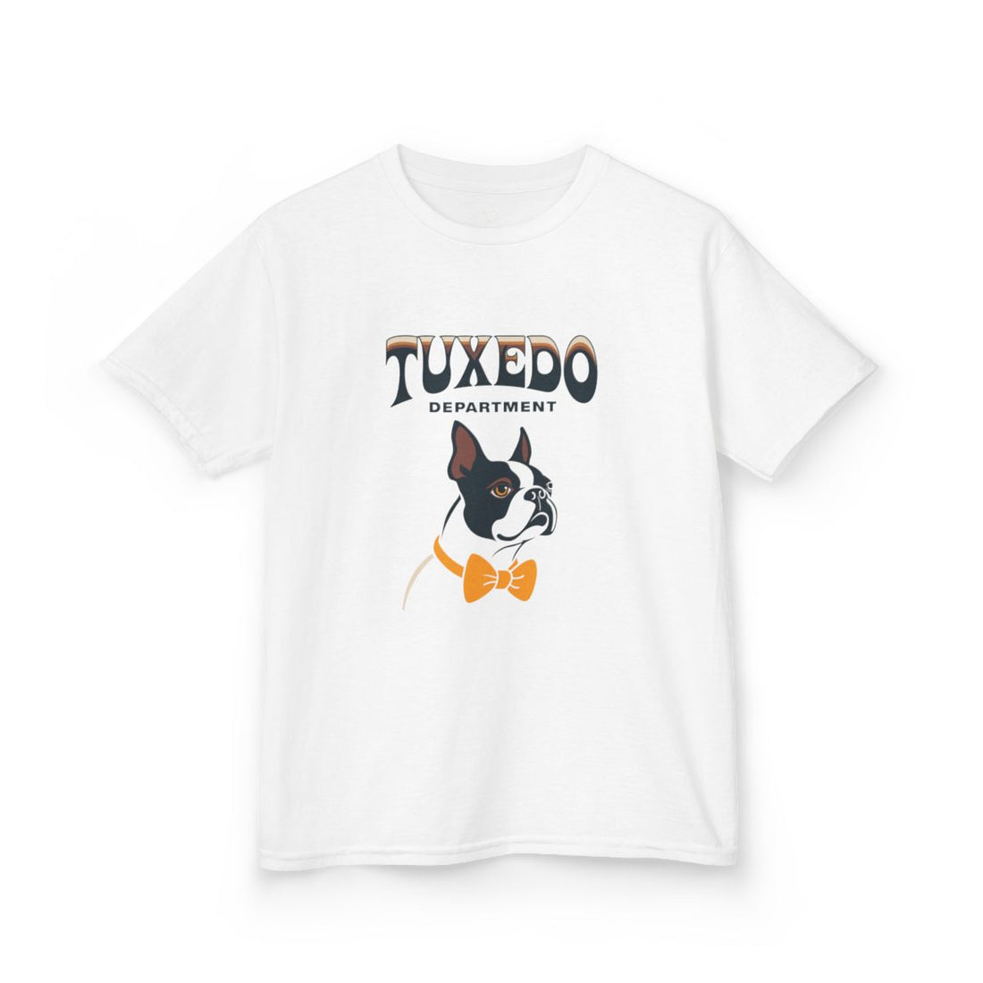 White — Front | Boston Terrier Tuxedo Department Kids Tee
