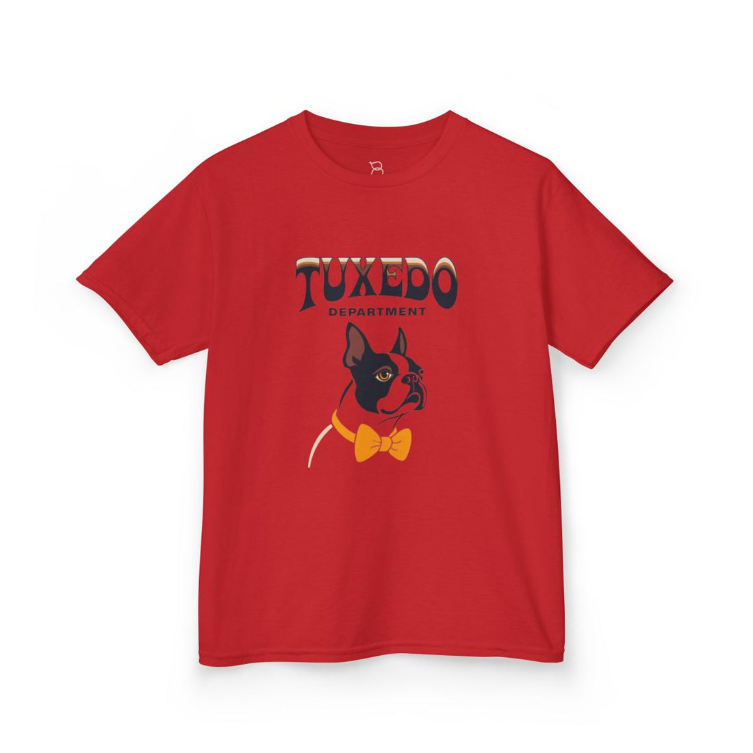 Red — Front | Boston Terrier Tuxedo Department Kids Tee