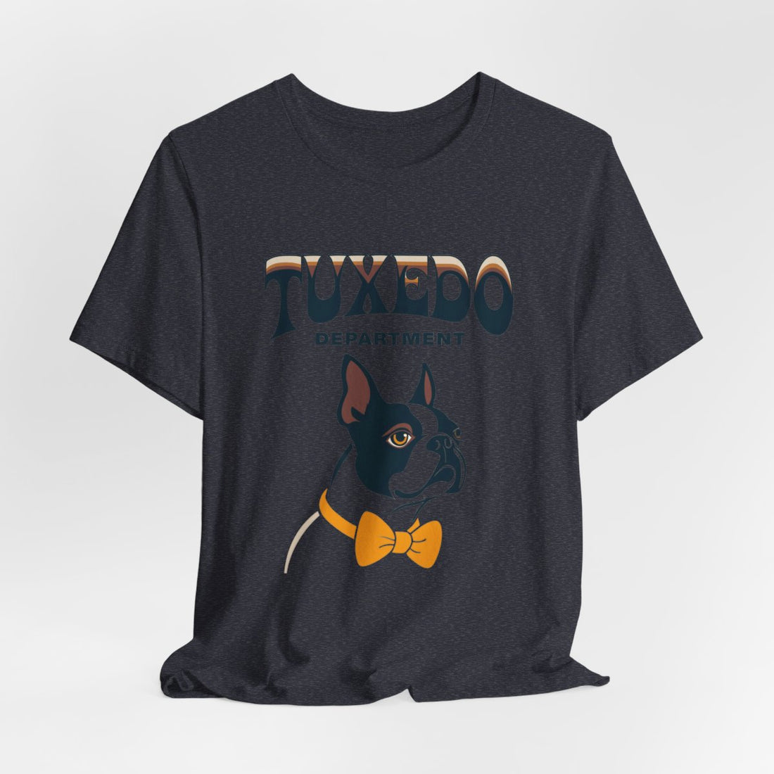 Heather Navy — Hanging | Boston Terrier "Tuxedo Department" Men's Tee