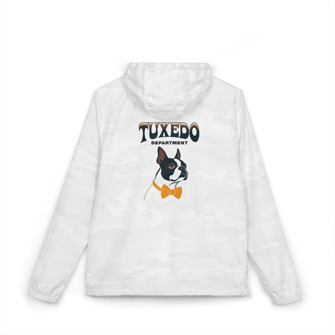 White Camo — Back | Boston Terrier Tuxedo Department Windbreaker