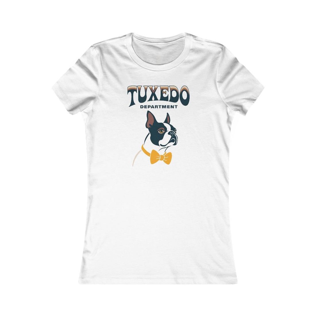 White — Front | Boston Terrier Tuxedo Department Women's Tee