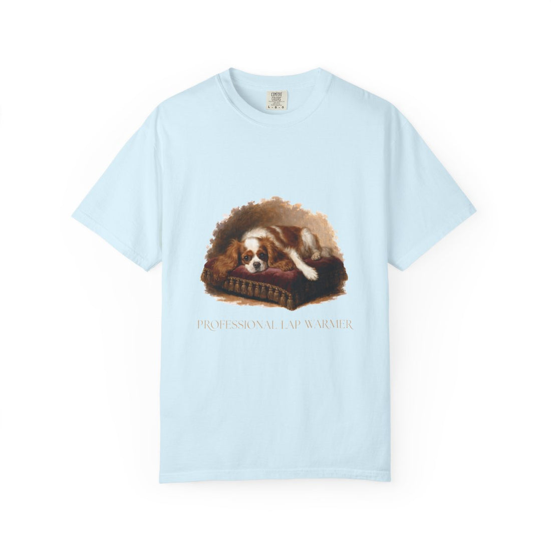 Chambray — Front | Cavalier King Charles Spaniel 'Professional Lap Warmer' Garment-Dyed Tee
