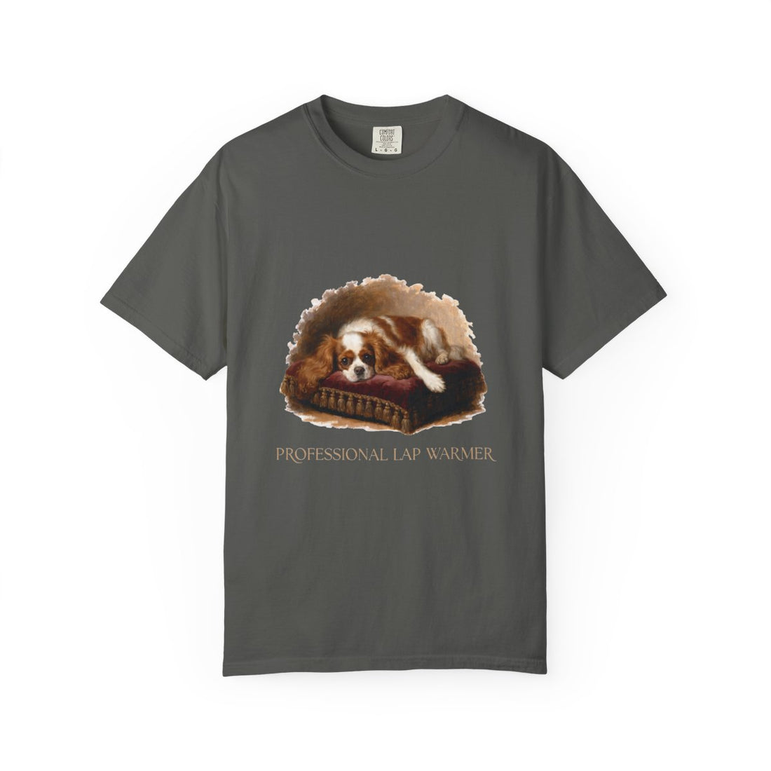 Pepper — Front | Cavalier King Charles Spaniel 'Professional Lap Warmer' Garment-Dyed Tee