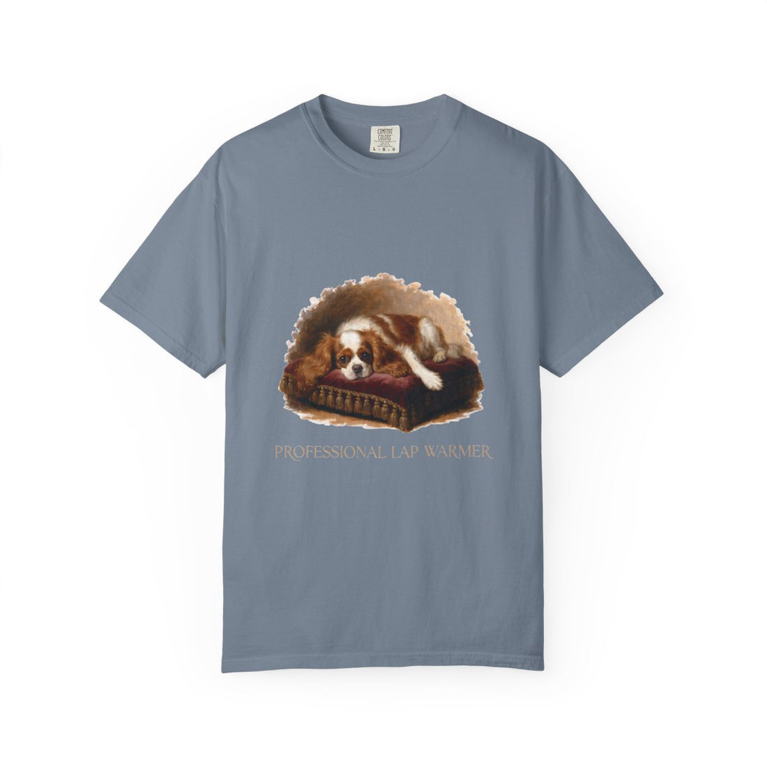 Blue Jean — Front | Cavalier King Charles Spaniel 'Professional Lap Warmer' Garment-Dyed Tee
