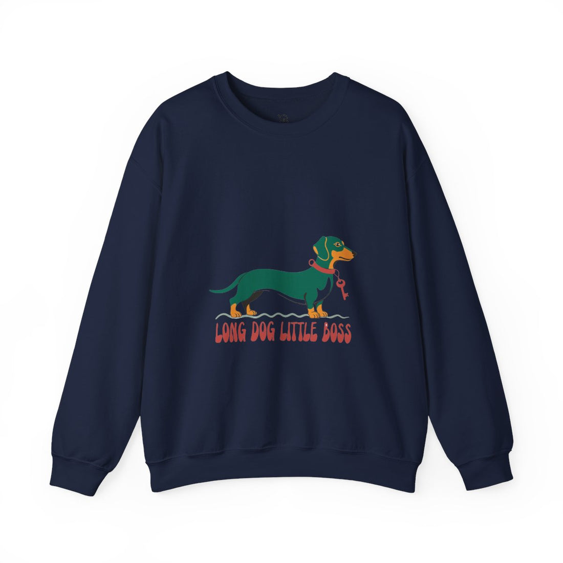 Navy — Front | Dachshund "Long Dog Little Boss" Crewneck