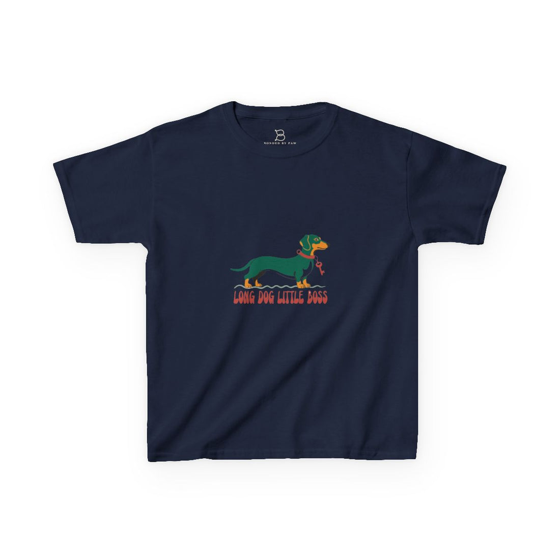 Navy — Front | Dachshund "Long Dog, Little Boss" Kids Tee