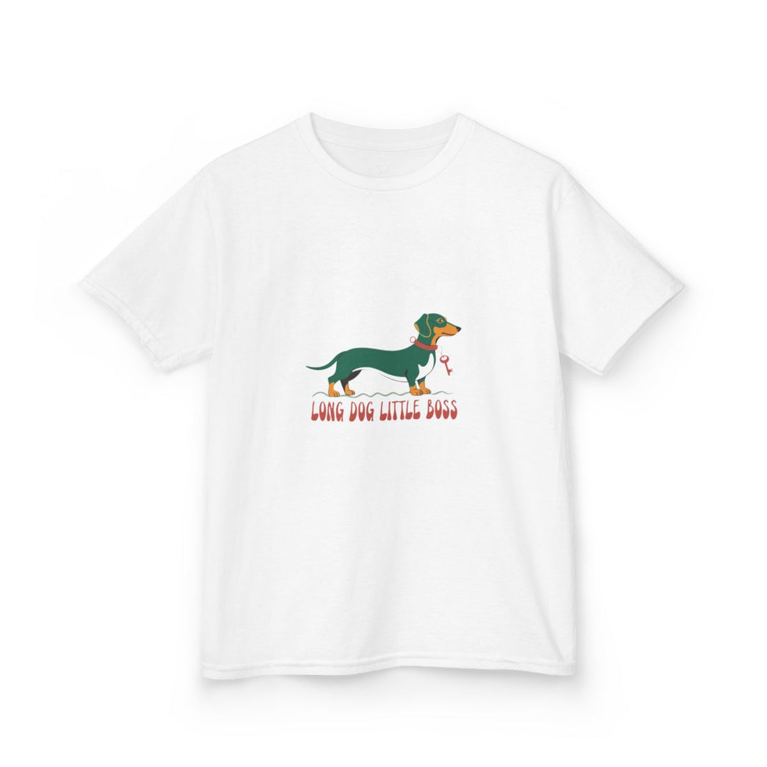 White — Front | Dachshund "Long Dog, Little Boss" Kids Tee