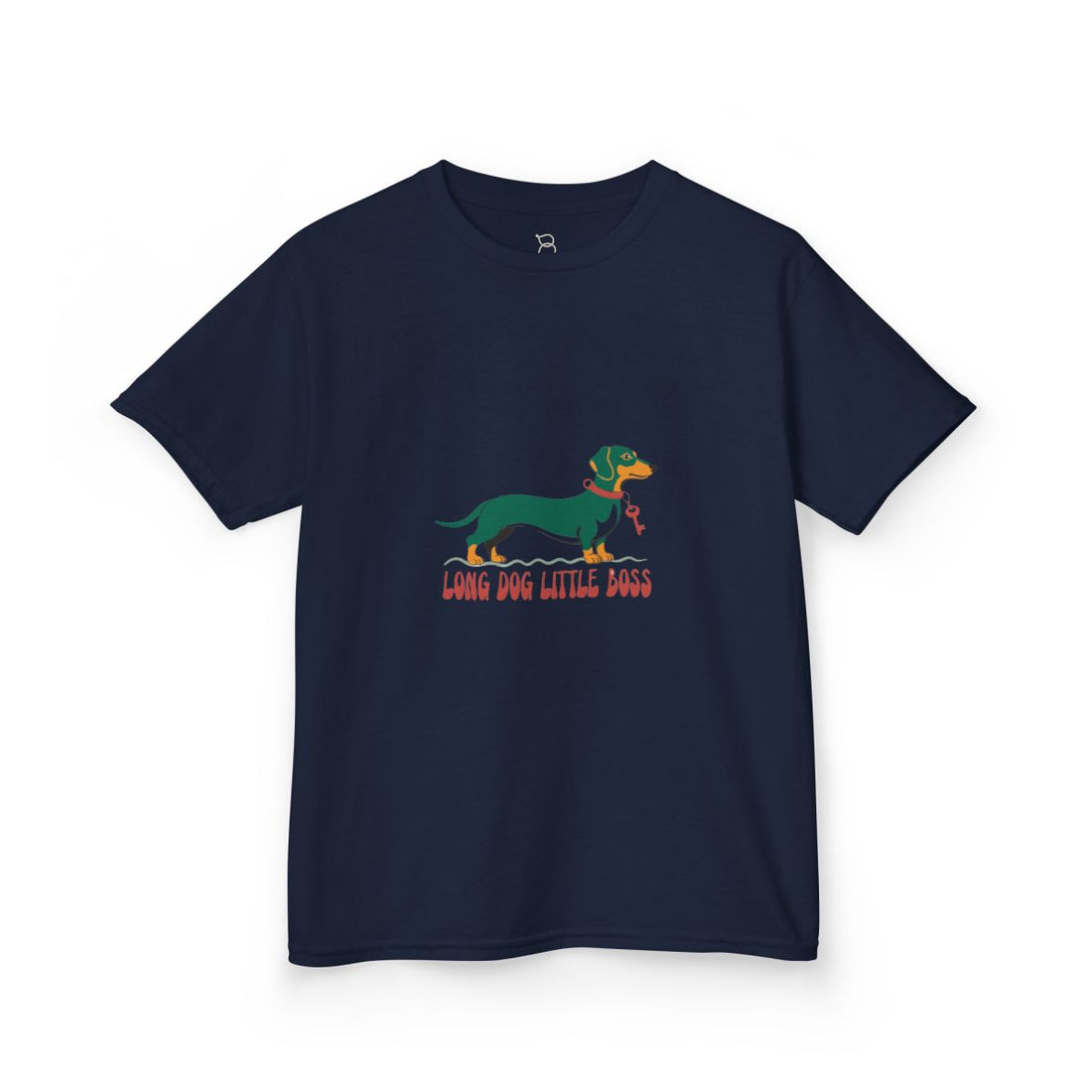 Navy — Front | Dachshund "Long Dog, Little Boss" Kids Tee