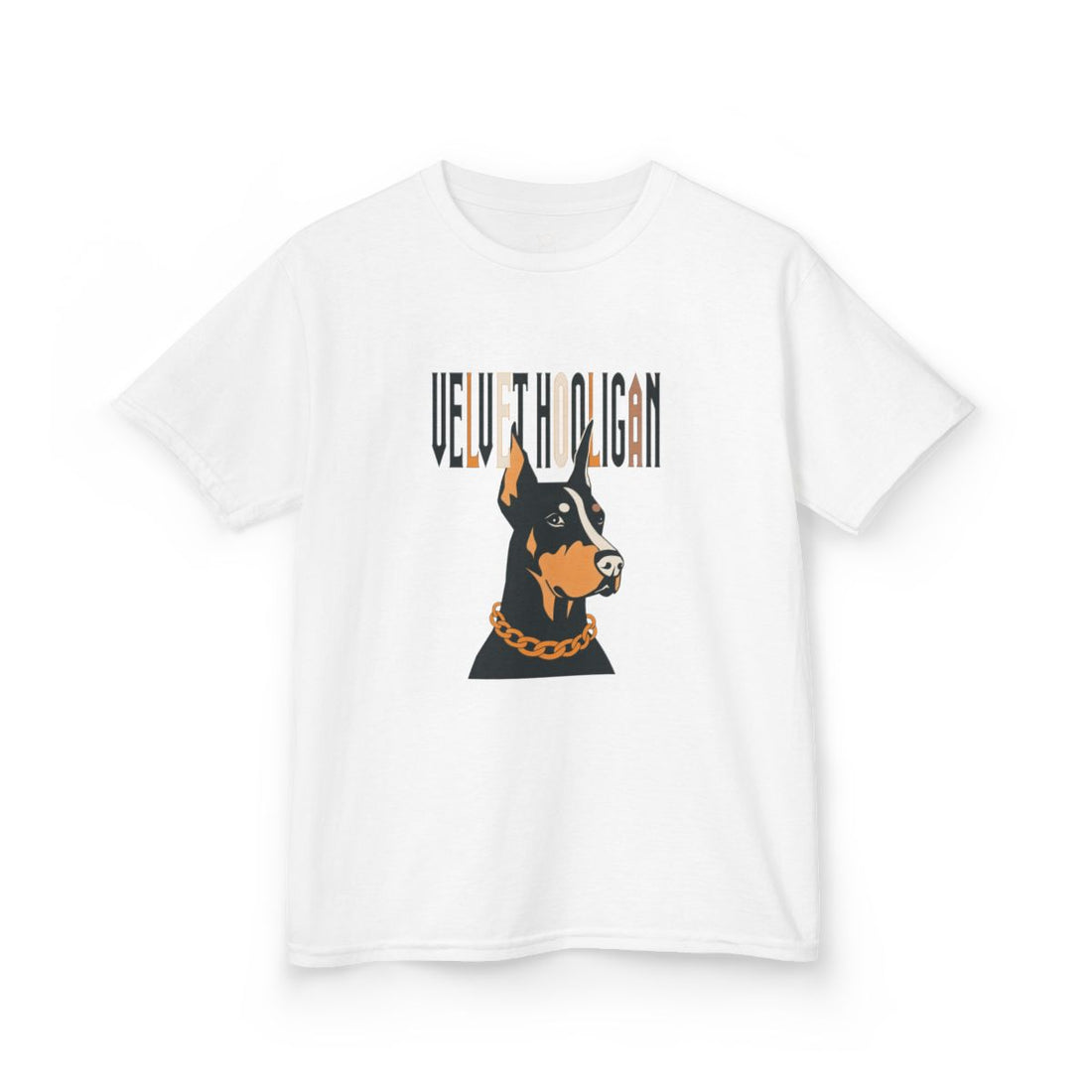 White — Front | Doberman "Velvet Hooligan" Kids Tee