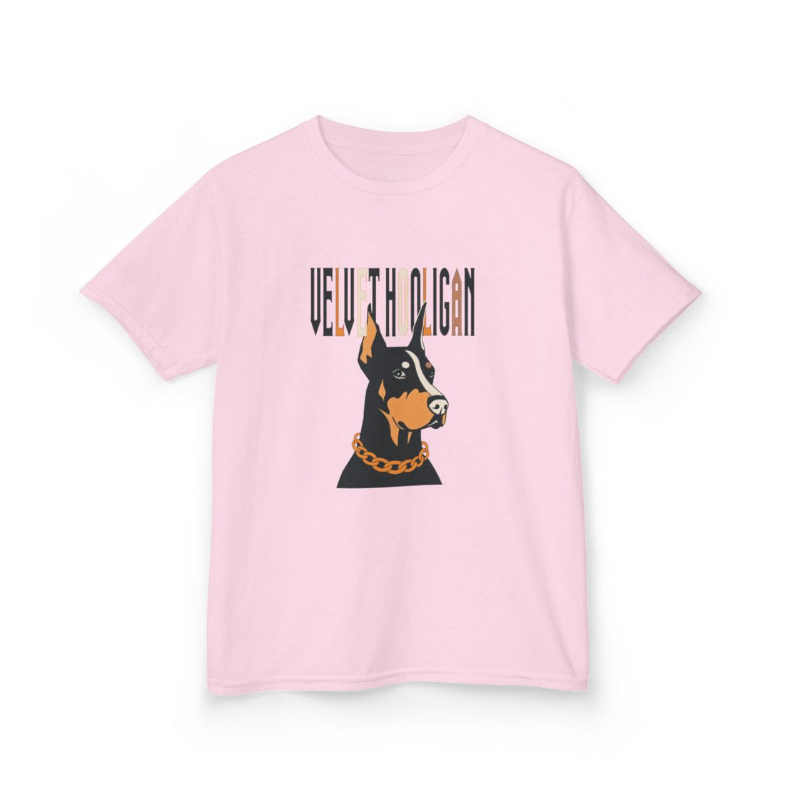 Light Pink — Front | Doberman "Velvet Hooligan" Kids Tee