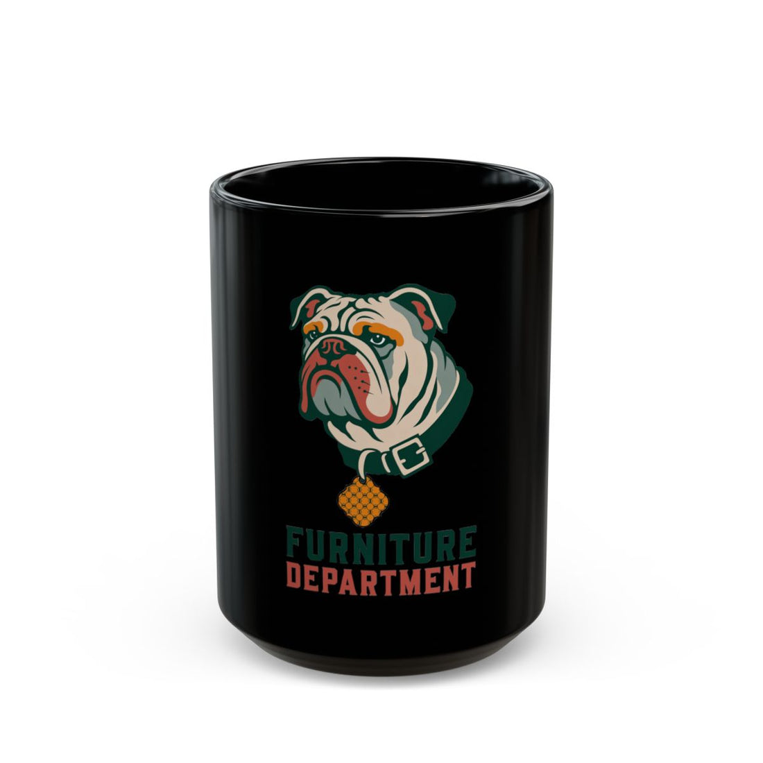 15oz — Front | English Bulldog Furniture Department Black Mug