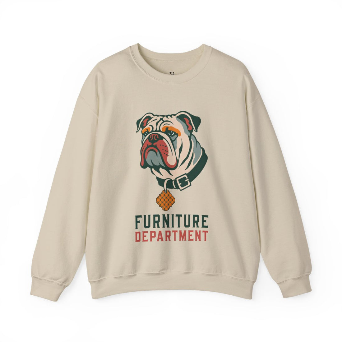 Sand — Front | English Bulldog "Furniture Department" Crewneck