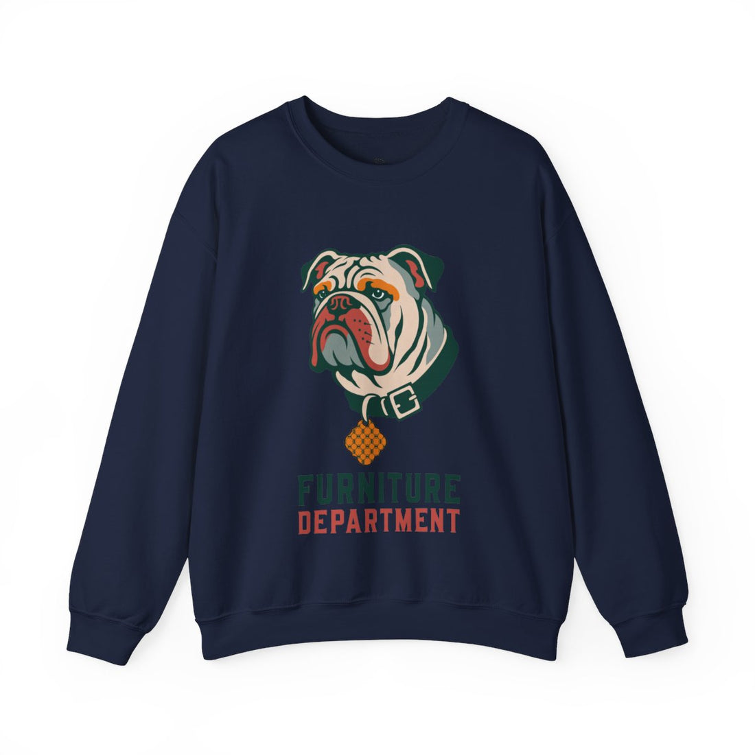Navy — Front | English Bulldog "Furniture Department" Crewneck
