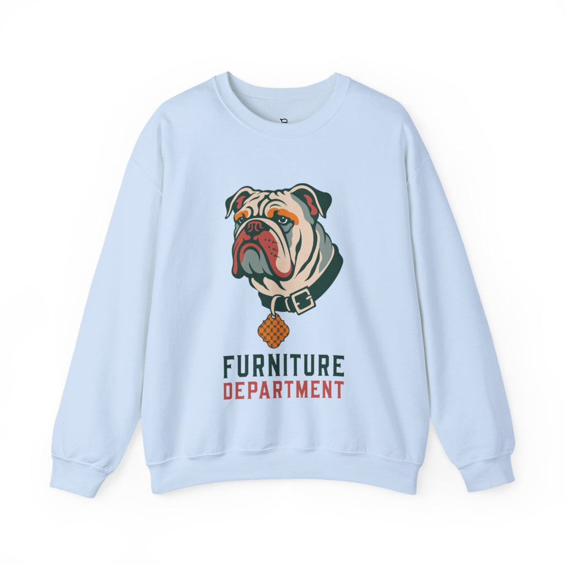 Light Blue — Front | English Bulldog "Furniture Department" Crewneck