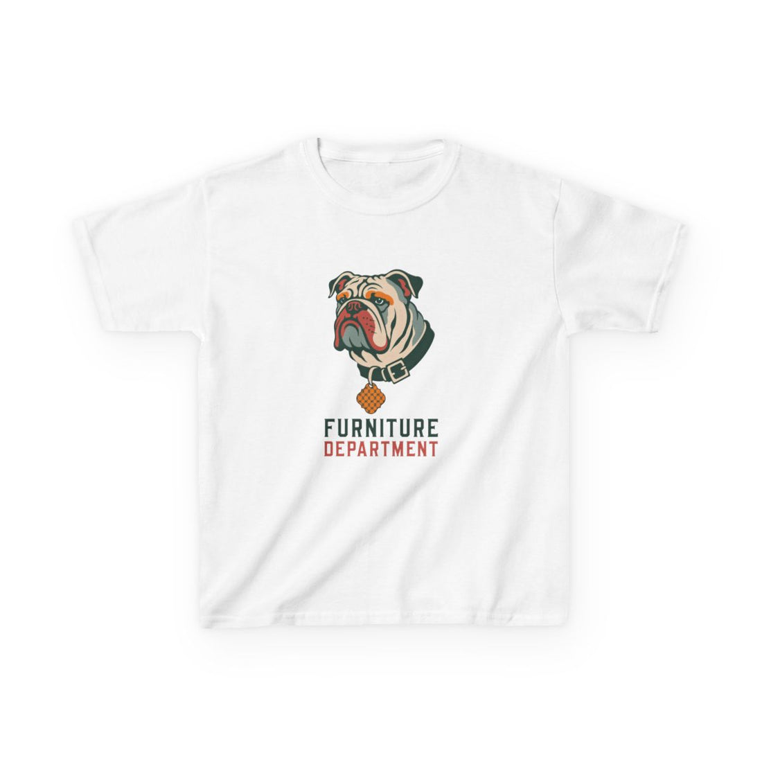 White — Front | English Bulldog "Furniture Department" Kids Tee