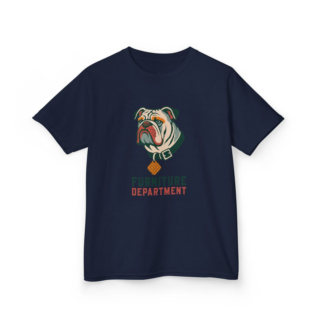 Navy — Front | English Bulldog "Furniture Department" Kids Tee