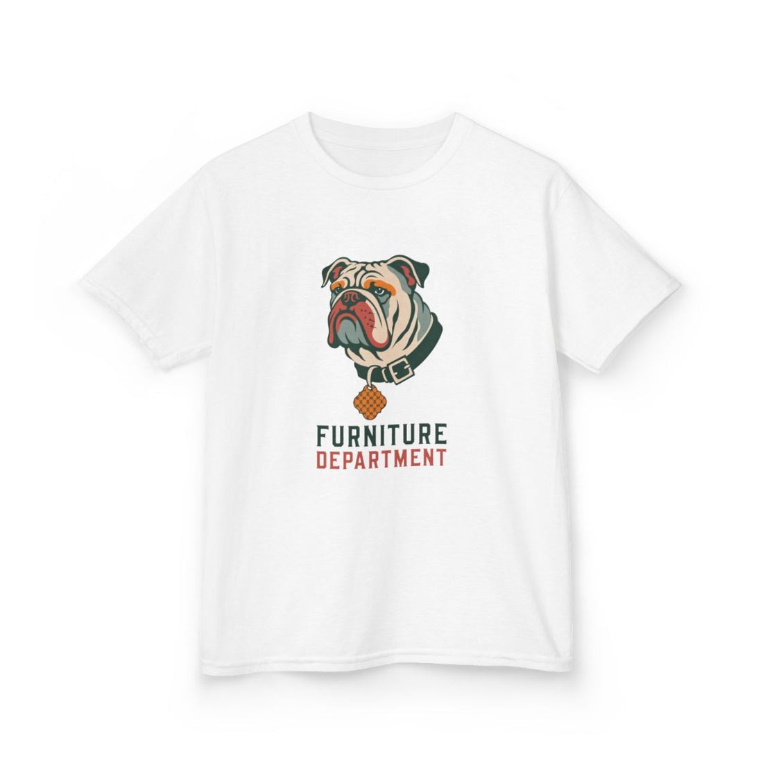 White — Front | English Bulldog "Furniture Department" Kids Tee