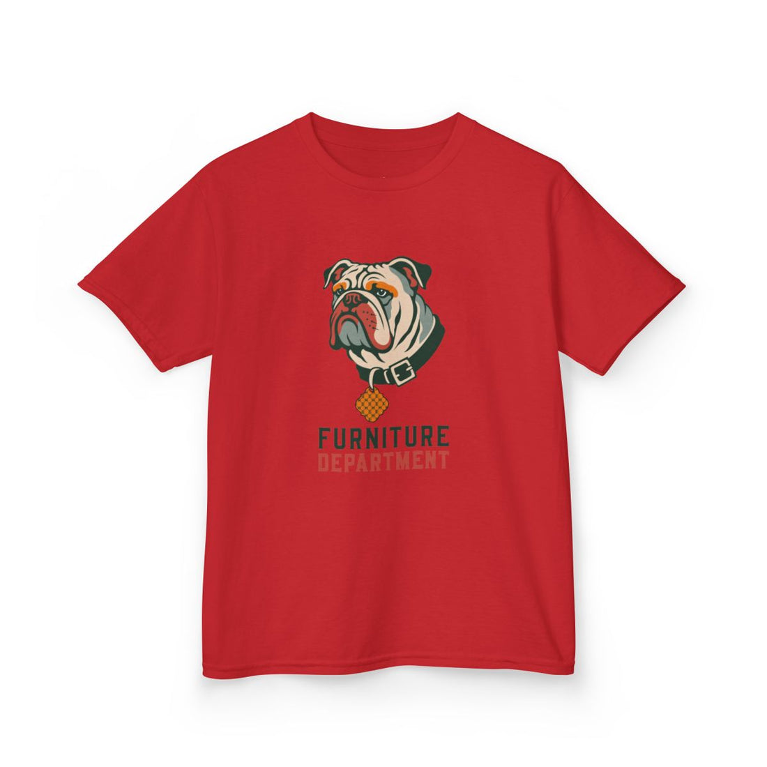 Red — Front | English Bulldog "Furniture Department" Kids Tee