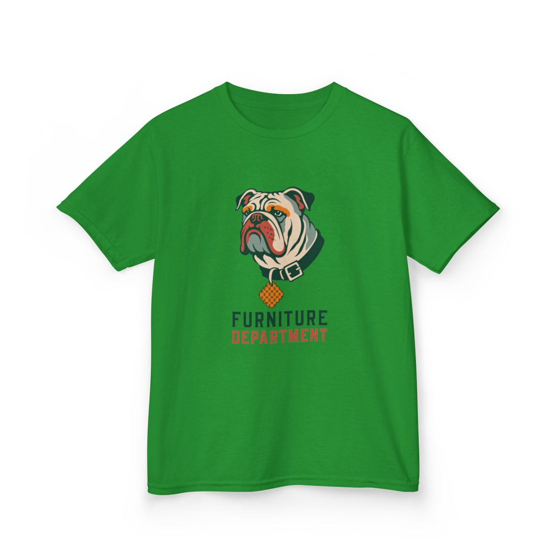 Irish Green — Front | English Bulldog "Furniture Department" Kids Tee