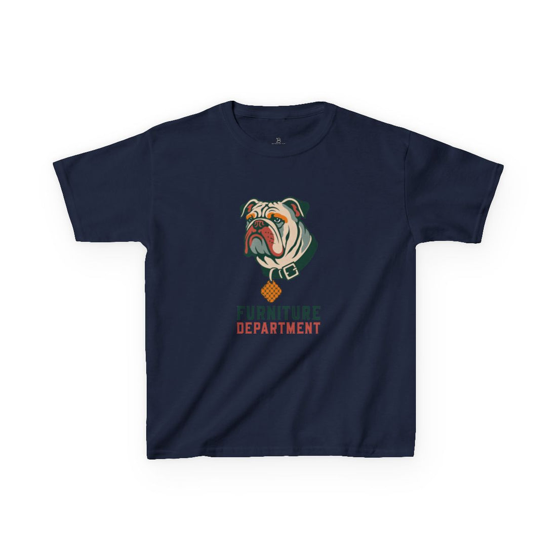 Navy — Front | English Bulldog "Furniture Department" Kids Tee