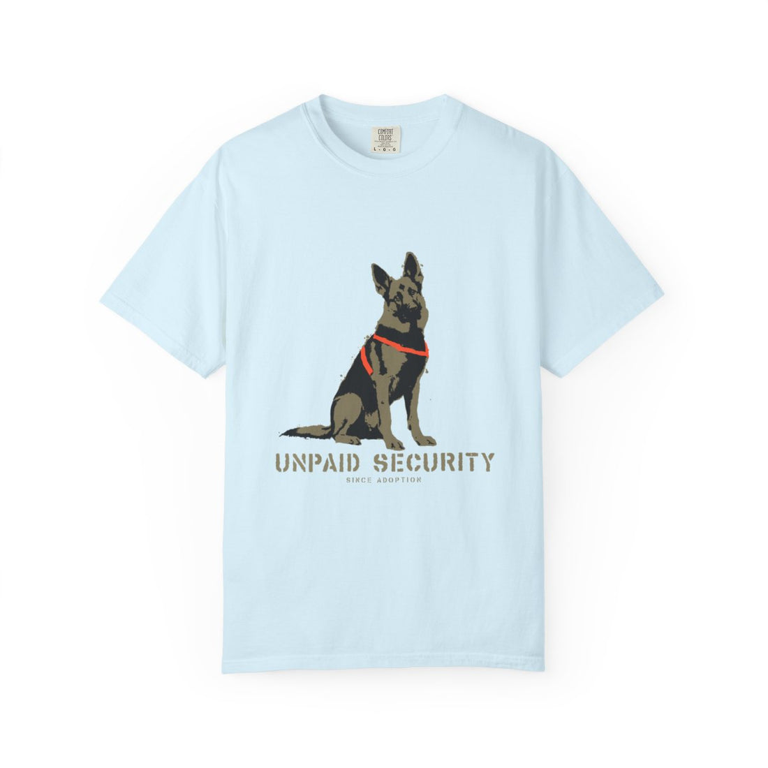 Chambray — Front | German Shepherd 'Unpaid Security' Garment-Dyed Tee