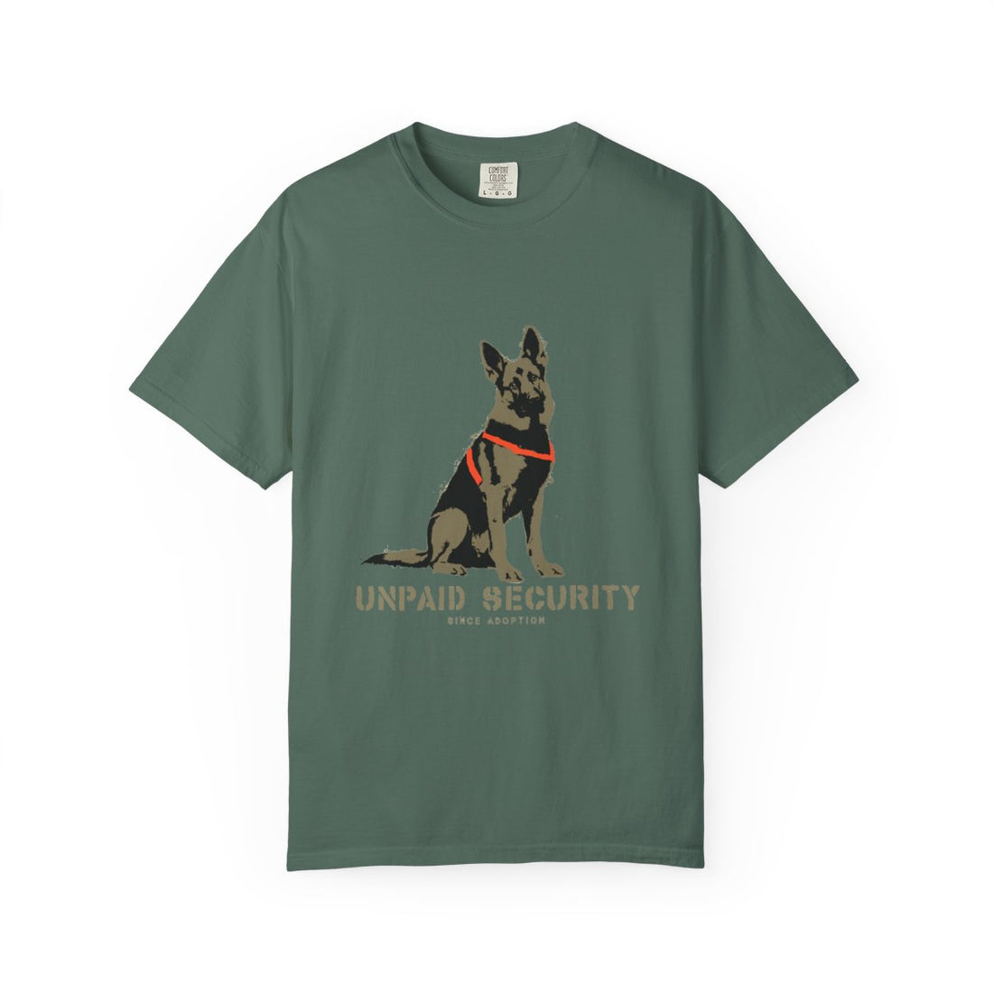 Blue Spruce — Front | German Shepherd 'Unpaid Security' Garment-Dyed Tee