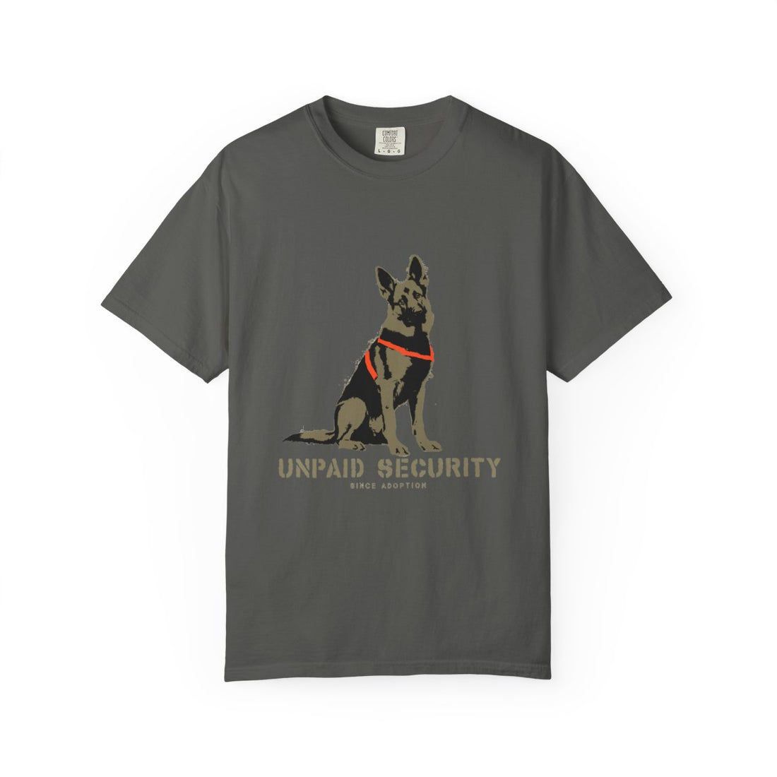 Pepper — Front | German Shepherd 'Unpaid Security' Garment-Dyed Tee